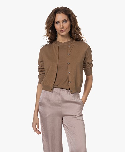 Repeat Buttoned Cardigan with Cropped Sleeves - Mocca