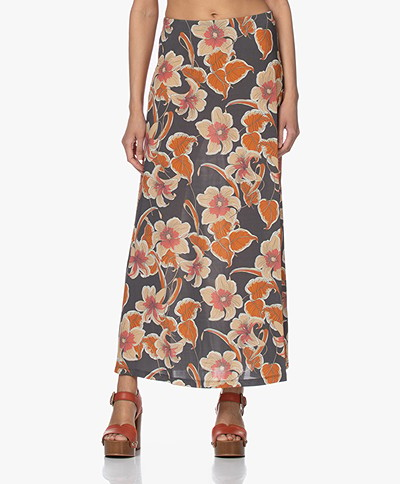 no man's land Floral Printed Tech Jersey Maxi Skirt - Slate