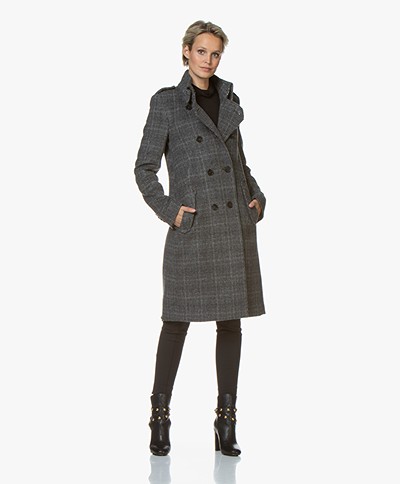 Drykorn Buckey Knee-length Wool Blend Coat with Checkers - Grey