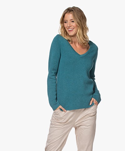 Repeat V-neck Sweater in Cotton and Viscose - Ocean