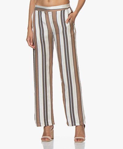 LaSalle Viscose Pants with Jacquard Stripes - Off-white/Brown