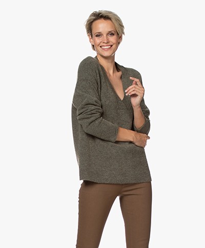Drykorn Linna Wool Blend V-neck Sweater - Military Olive