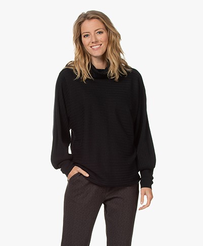 Repeat Wool Blend Sweater with Draped Turtleneck - Black
