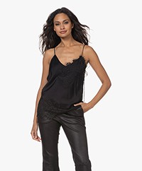 Róhe Satin Camisole Top with Floral Lace - Black