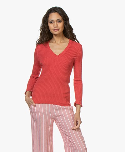 Belluna Space V-Neck Pullover with Ruffles - Coral