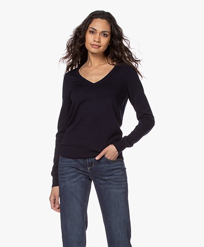 Repeat Cotton Blend V-neck Pullover - Navy