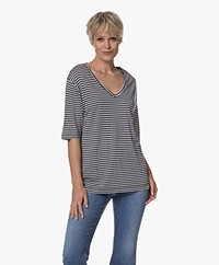 Woman by Earn Hannah Striped V-neck T-shirt - Navy/Off-white