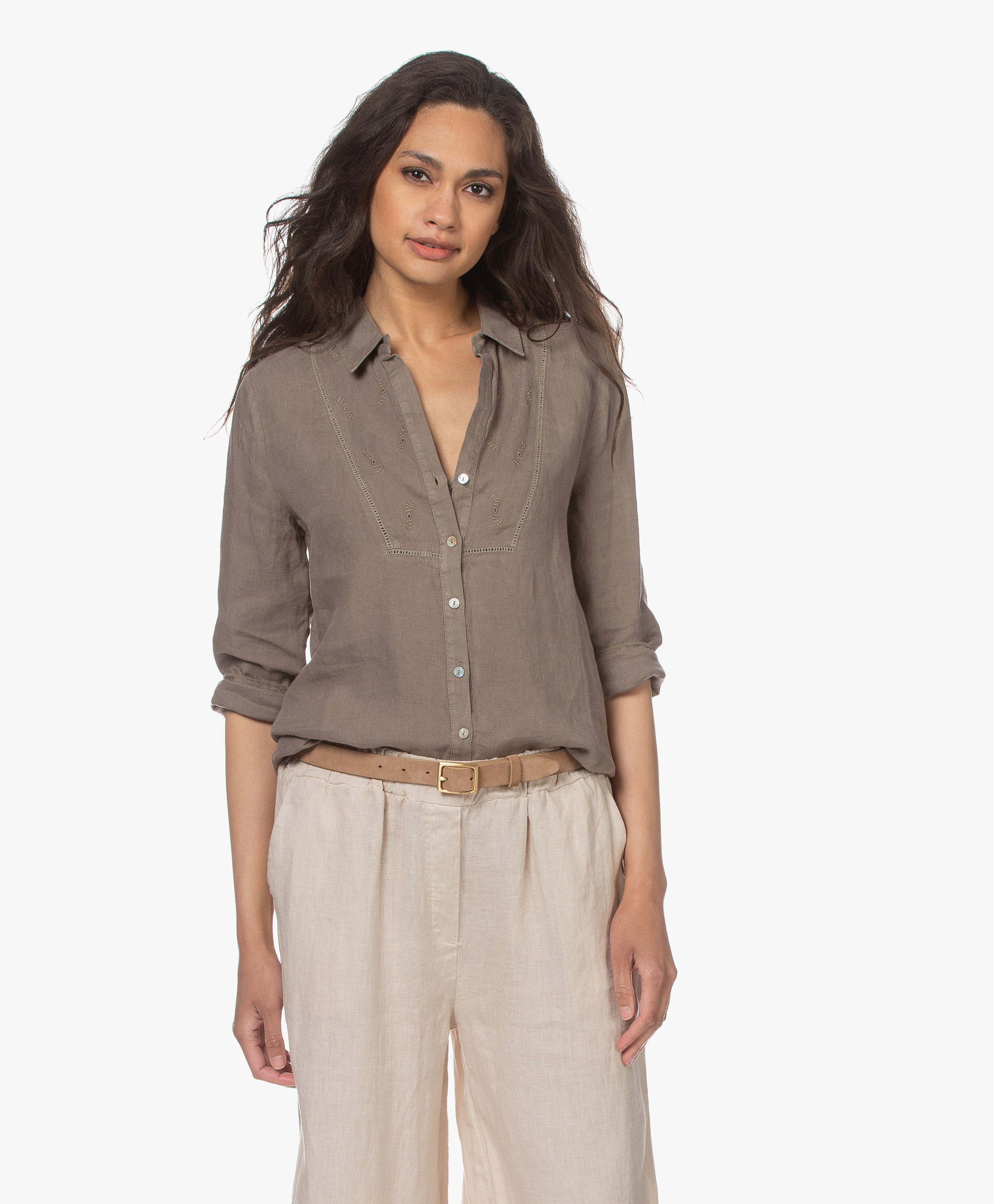 Belluna Bess Embroidered Linen Blouse - Taupe - bess