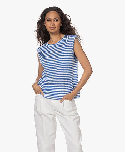 FRAME Rolled Muscle Striped Linen Top - Jet Stream Multi