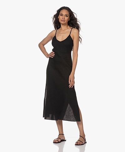Enza Costa Linen Slip Dress with Side Slits - Black