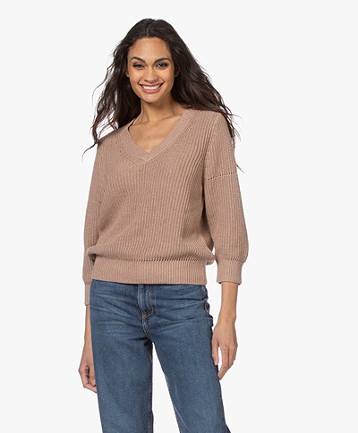 Repeat Cotton Fisherman's V-neck Sweater - Caramel