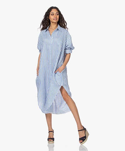 Resort Finest Ella Striped Linen Blend Shirt Dress - Azur Blue 