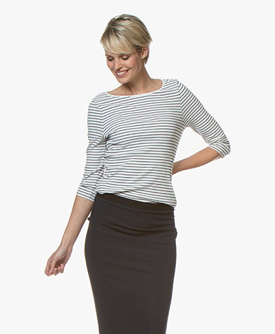 no man's land Striped Rib T-Shirt with Cropped Sleeves - Ivory/Dark Sapphire