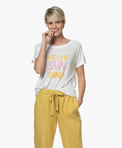 Repeat Linen Blend Hello Sunshine T-shirt - Cream