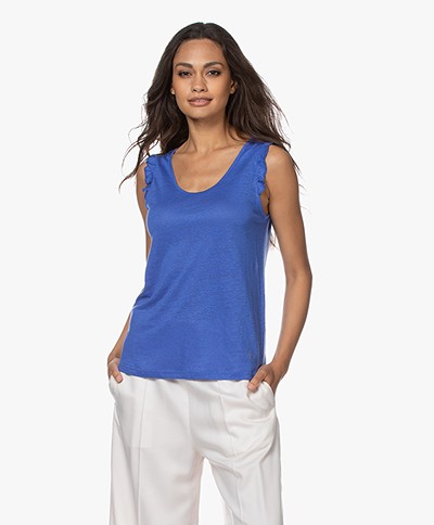 indi & cold Linen Top with Ruffles - Cobalt