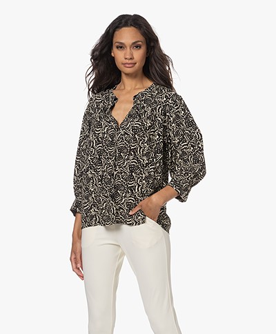 ba&sh Lio Crepe Viscose Cropped Sleeve Blouse with Print - Black 