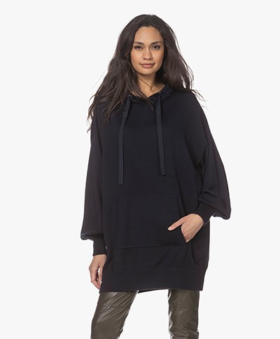 Repeat Cotton and Viscose Long Hooded Sweater - Navy