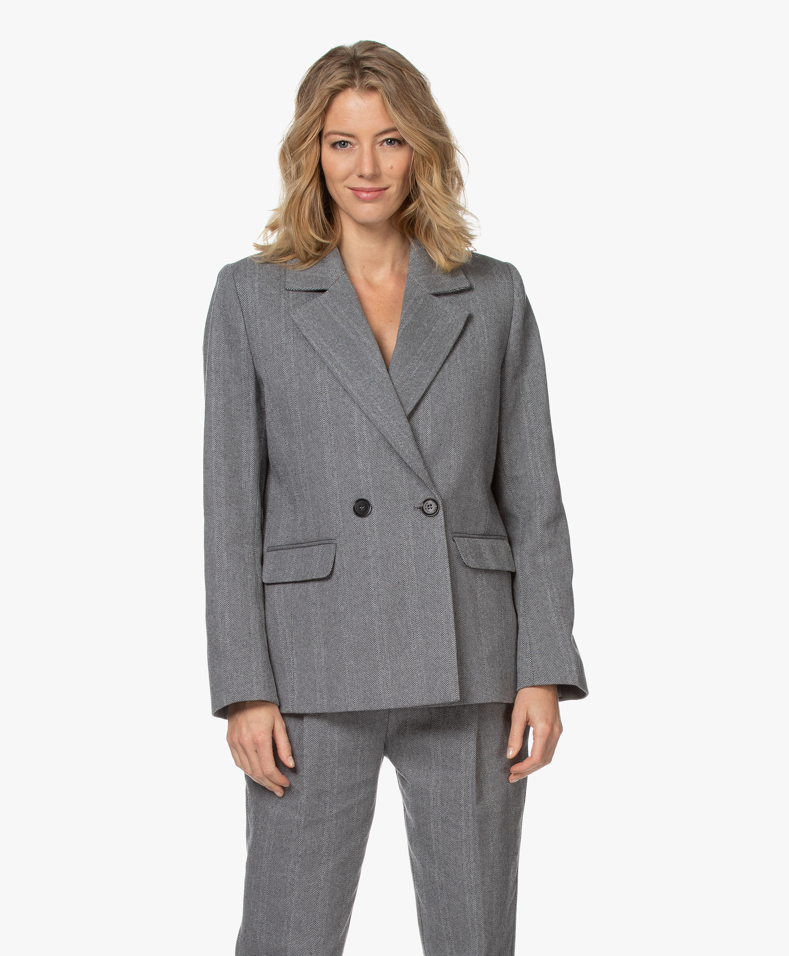 ANINE BING Becky Double-breasted Herringbone Blazer - Grey - a-01-2017-021