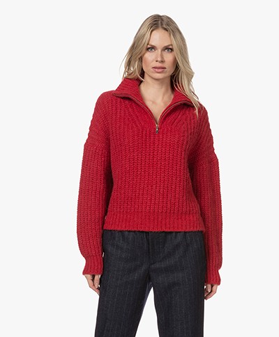 ba&sh Beltan Chunky Knitted Sweater with Zipper - Red