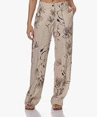 DIEGA Pomo Linen Pants with Floral Print - Fog Choco Camel