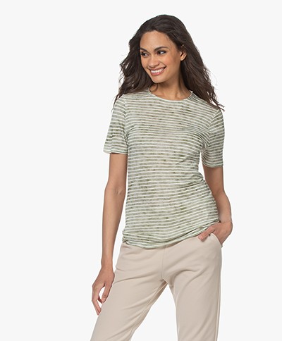 Majestic Filatures Striped Viscose-Linen T-shirt - Khaki