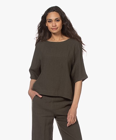 Woman by Earn Merel Short Sleeve Linen Blouse - Charcoal