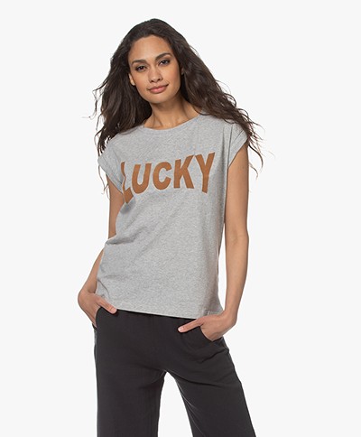 by-bar Lucky Flock Print T-shirt - Grijs/Camel