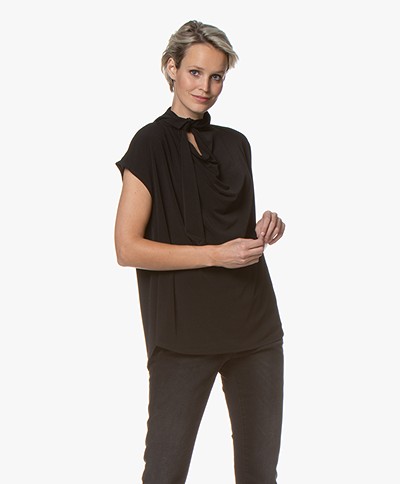 By Malene Birger Katie Crepe Jersey Blouse Top with Tie Neck - Black