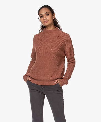 indi & cold Pointelle Knitted Funnelneck Sweater - Marsala