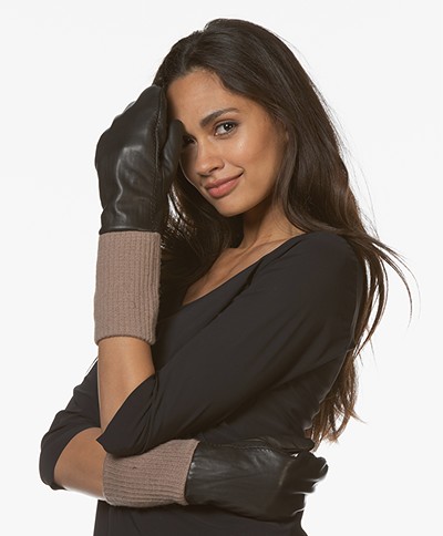 Filippa K Women Wool Rib Leather Mittens - Black