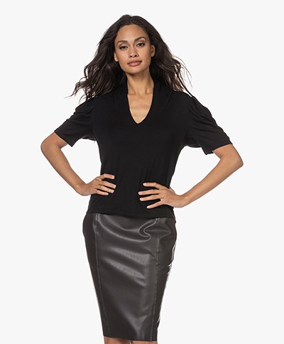 ba&sh Kendall V-neck T-shirt with Puffed Sleeves - Black