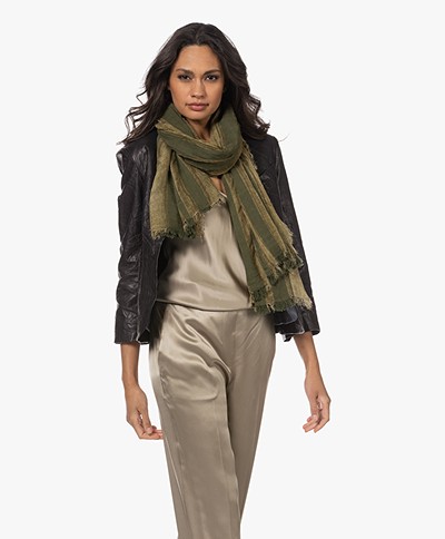 Pomandère Striped Wool and Modal Mix Scarf - Olive Green