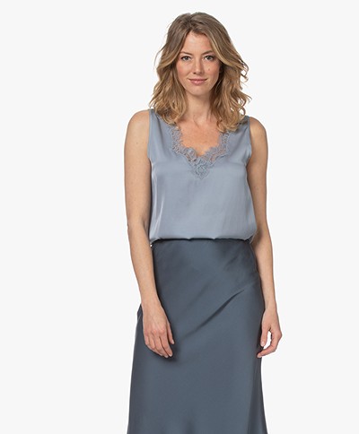 Repeat Silk Blend Top with Lace - Dusty Blue