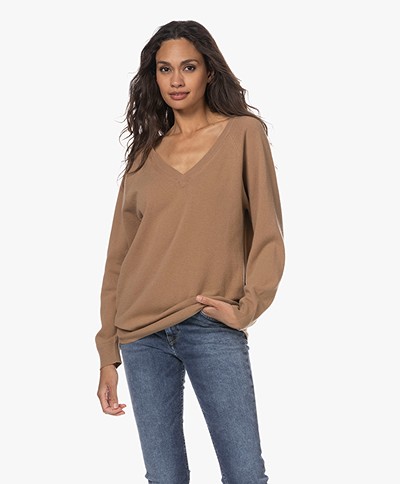 no man's land Merino wool and Cashmere V-neck Sweater - Camel