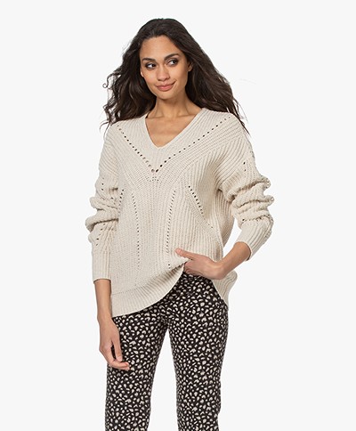 Repeat Chunky Knit V-neck Sweater in Cotton and Linnen - Ivory