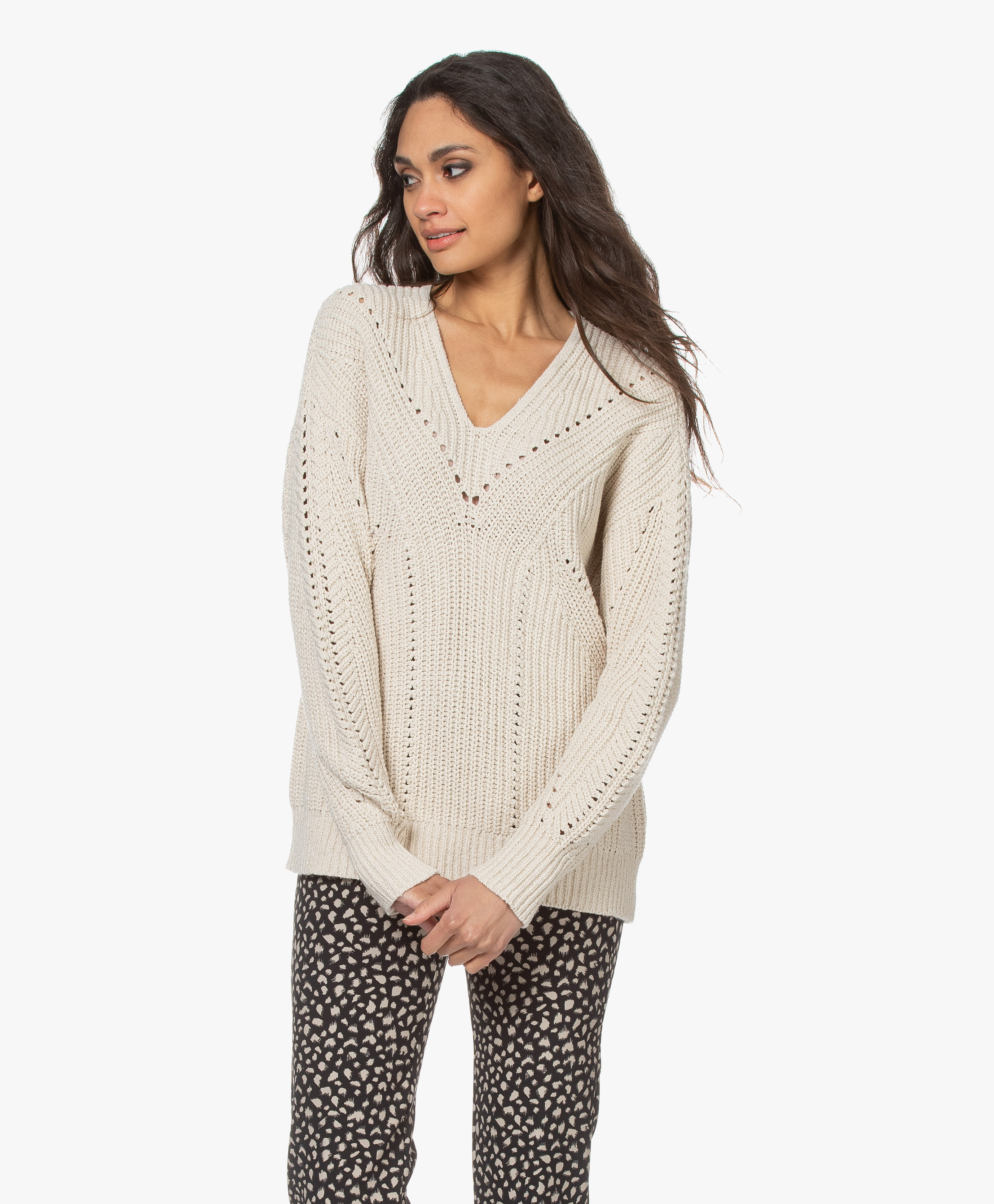 Repeat Chunky Knit Vneck Sweater in Cotton and Linnen Ivory 400467