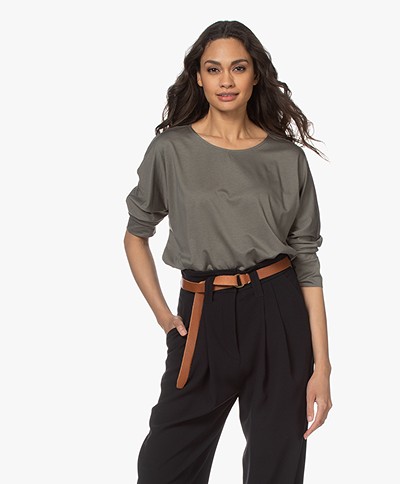 Repeat Lyocell and Cotton T-shirt with Cropped Sleeves - Khaki