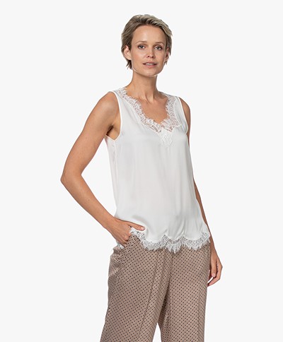 Repeat Silk Blend Top with Lace - Cream