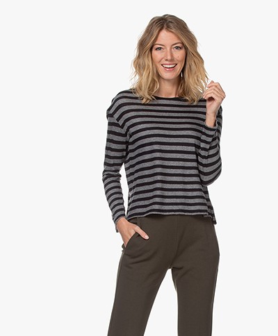 Majestic Filatures Cotton and Cashmere Striped Long Sleeve - Grey/Black