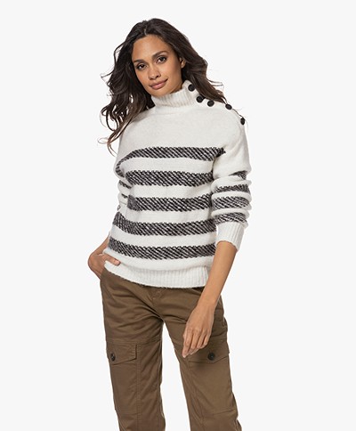 MKT Studio Kitty Striped Turtleneck Sweater with Buttons - Craie