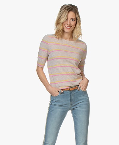 Repeat Cashmere Striped Short Sleeve Pullover - Light Beige