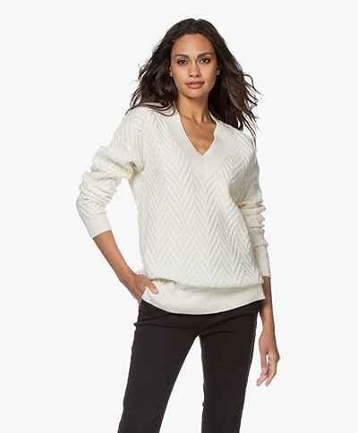 Repeat Structured Knit V-neck Sweater in Wool Blend - Cream