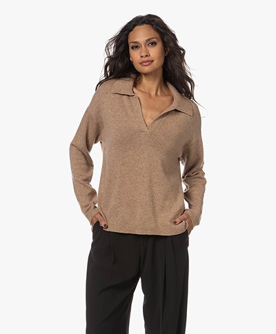 Repeat Cashmere Sweater with Turn-over Collar - Camel 
