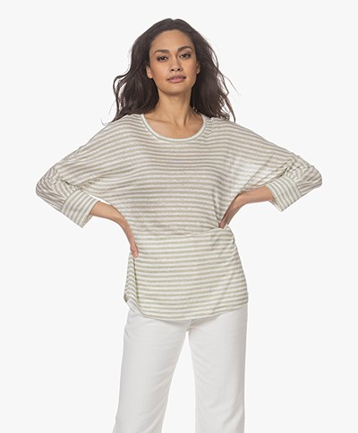 Repeat Striped Linen T-shirt with Three-quarter Sleeve - Seaweed