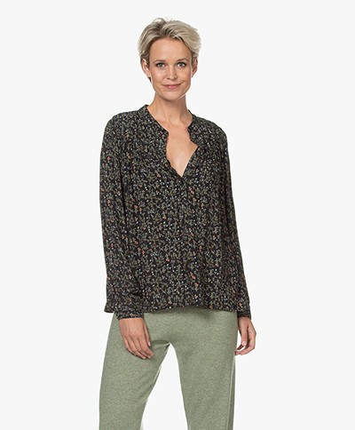 indi & cold Floral Print Blouse with Puff Sleeves - Black 