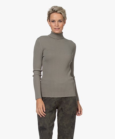 indi & cold Viscose Blend Ribbed Turtleneck Sweater - Khaki
