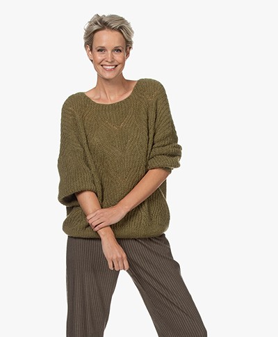indi & cold Ajour Knitted Boat Neck Sweater - Khaki