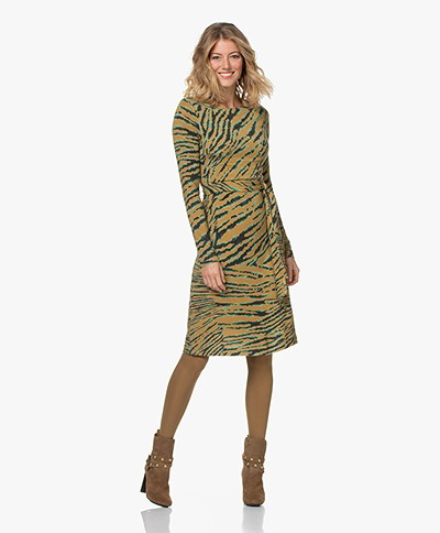 Kyra & Ko Ruth Knitted Print Dress with Tie-belt - Light Olive