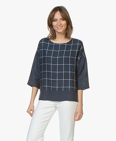 LaSalle Linen Blousetop with Check Pattern - Navy