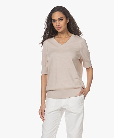 Repeat Cotton Blend V-neck Short Sleeved Sweater - Sand